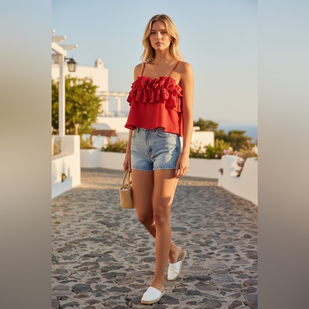 Sienna Sky Red Ruffled Spaghetti Strap Crop Top
